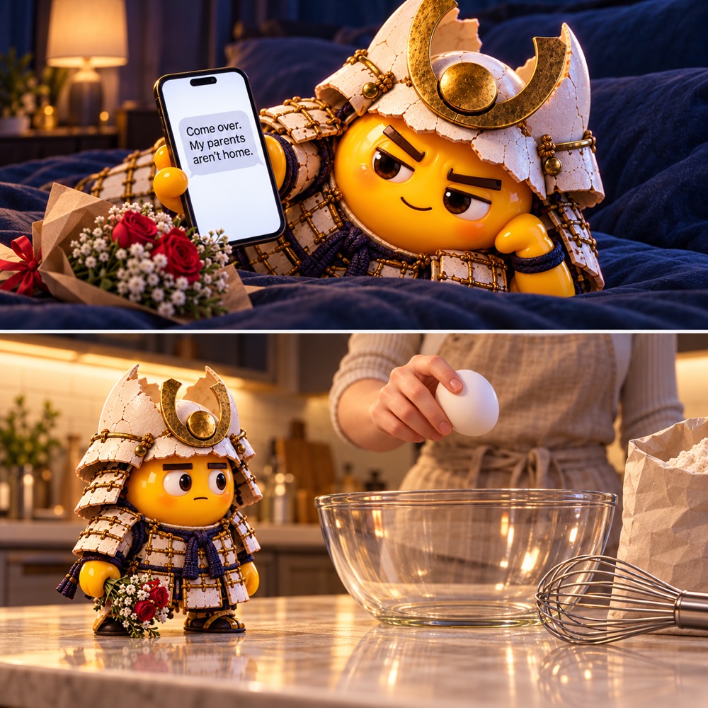 Yolkai brings flowers to a date, then discovers she is baking with eggs