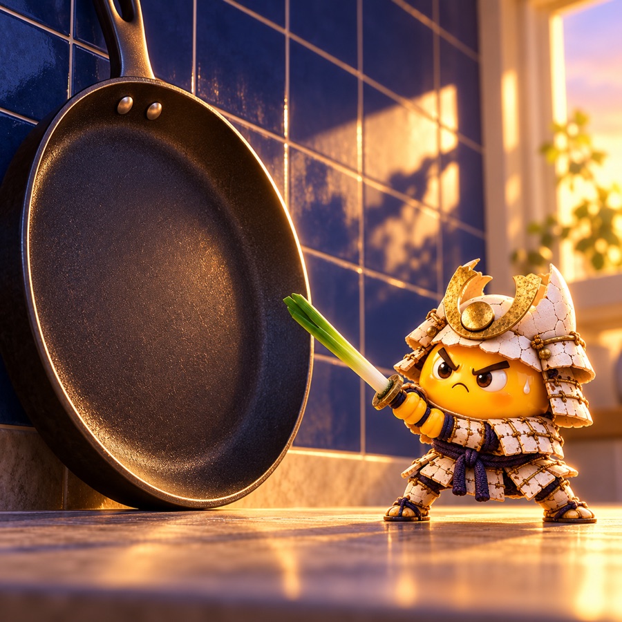 Tiny Yolkai challenges an enormous frying pan