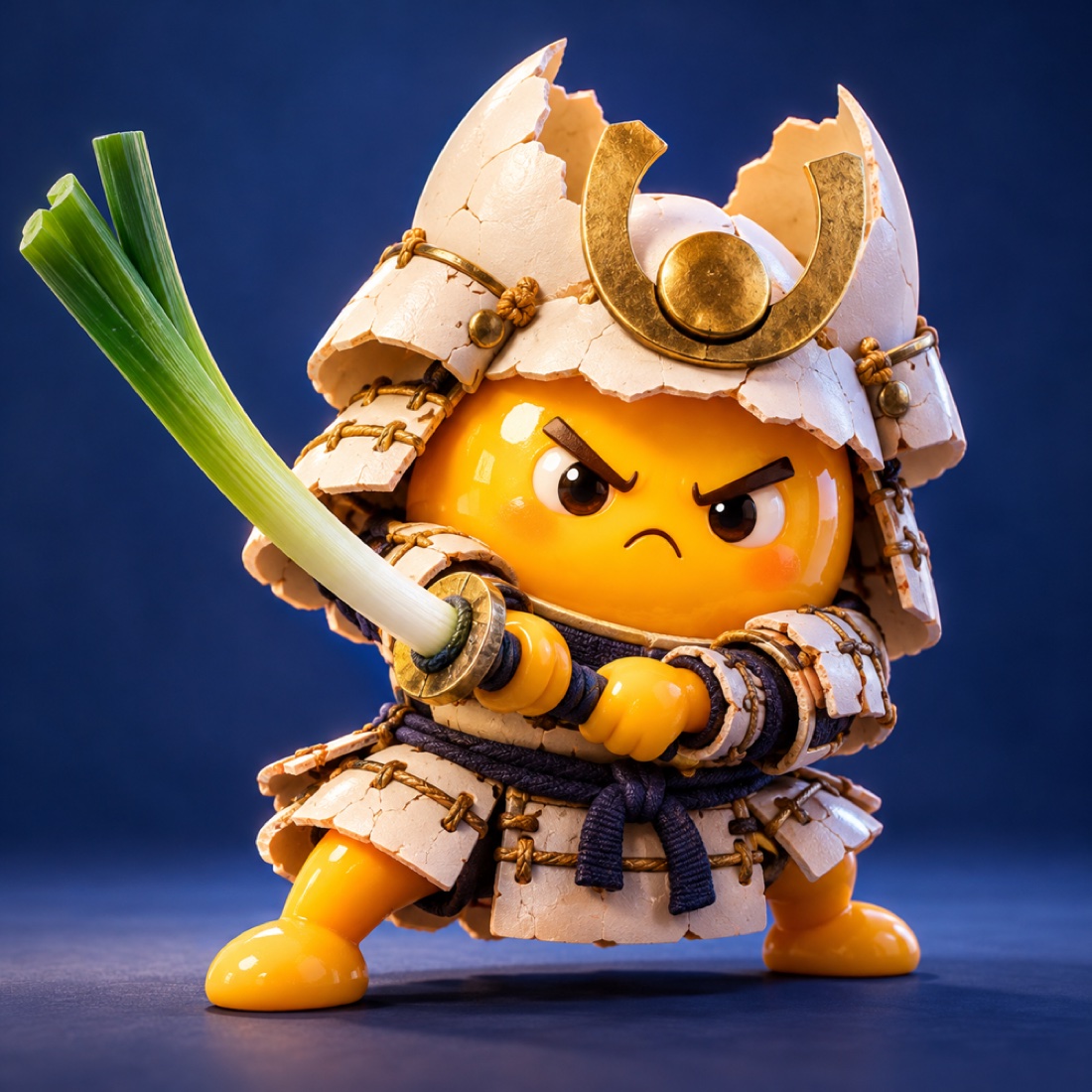 Yolkai, a furious golden egg samurai in cracked shell armor, wielding a spring onion sword