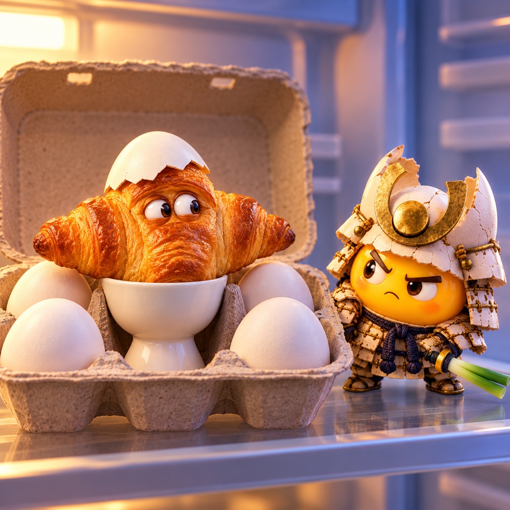 Yolkai inspects a croissant disguised as an egg inside a carton