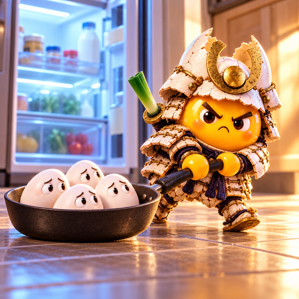 Yolkai rescues four worried eggs from the fridge using a frying pan as their getaway vehicle